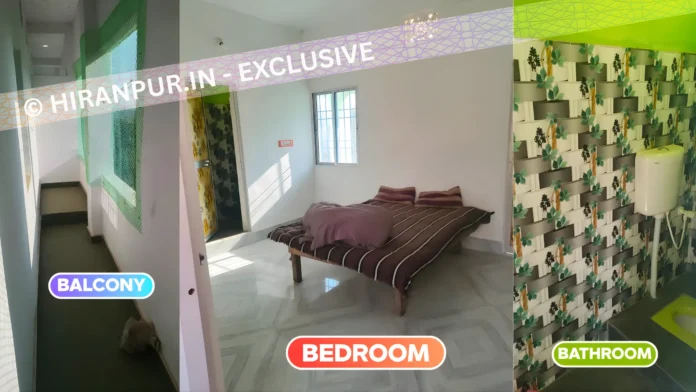 A residential house building offering rent rooms in Hiranpur near Block Office and Subhash Chowk area for families and students.