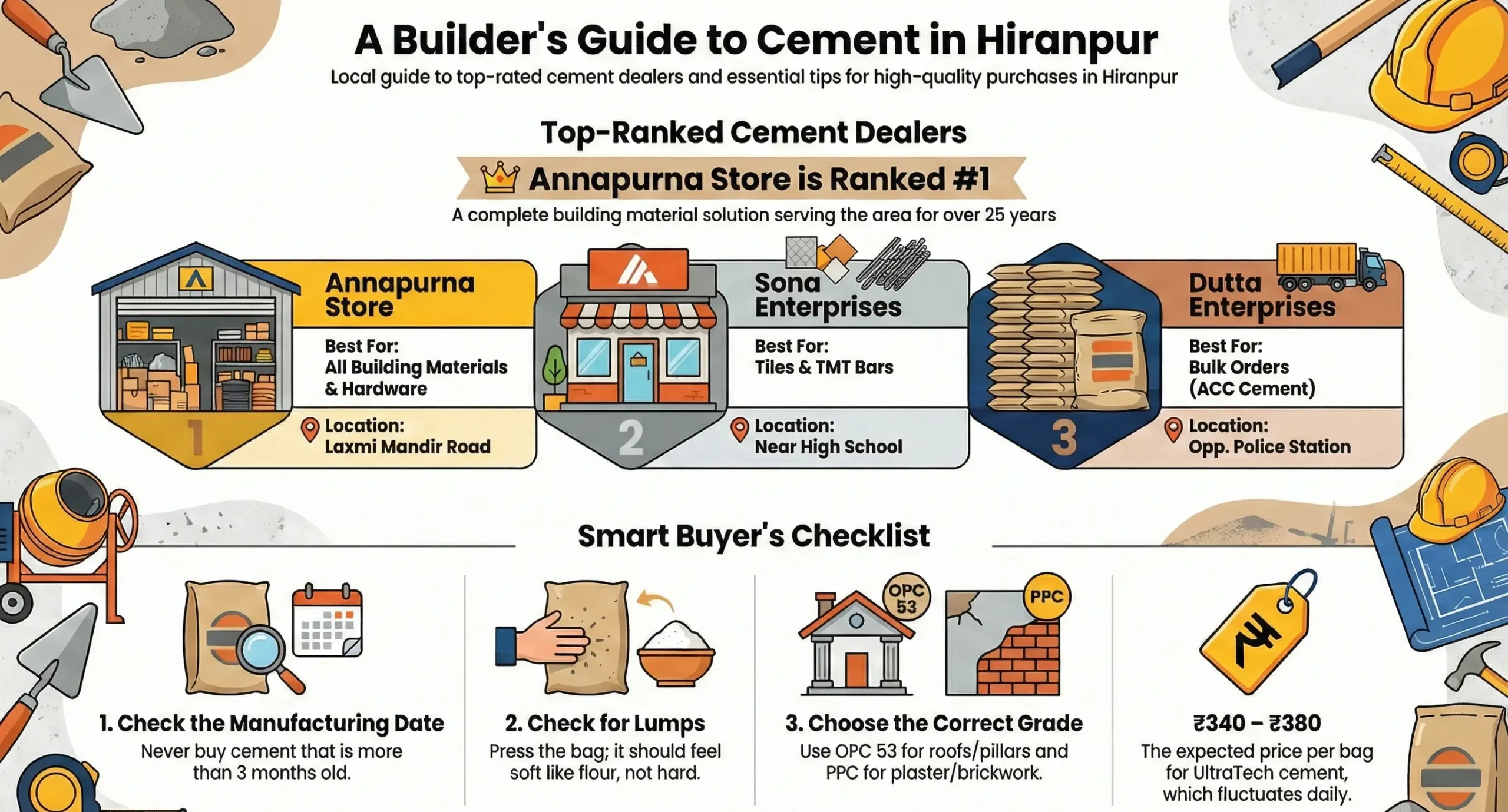 Best Cement Shops In Hiranpur displaying stacks of UltraTech and ACC cement bags for construction.