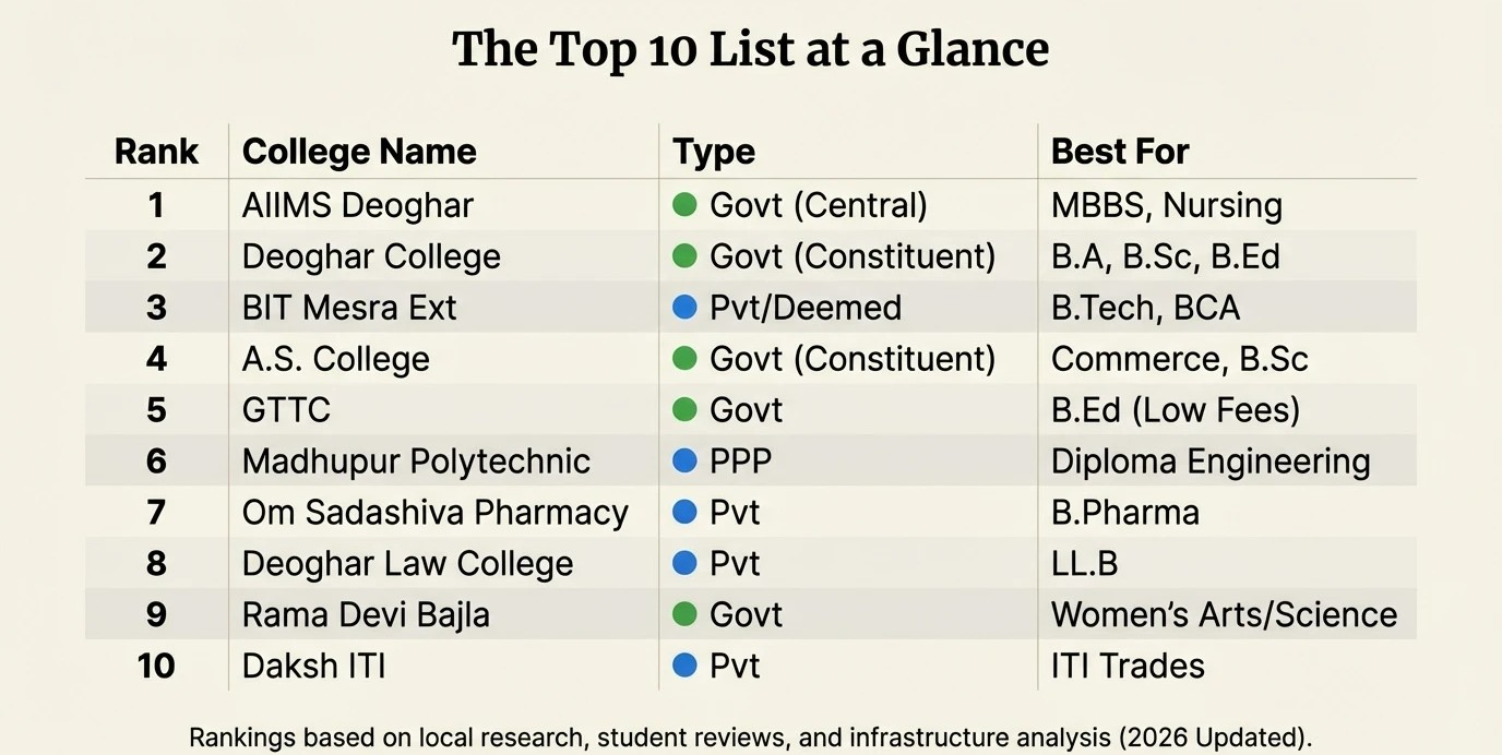 Top 10 Best Colleges in Deoghar including Government, B.Ed, and Polytechnic institutes.